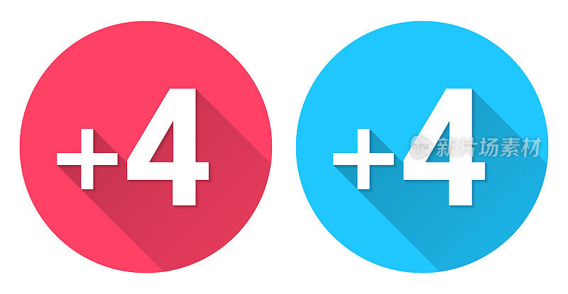 +4 +4。圆形图标与长阴影在红色或蓝色的背景